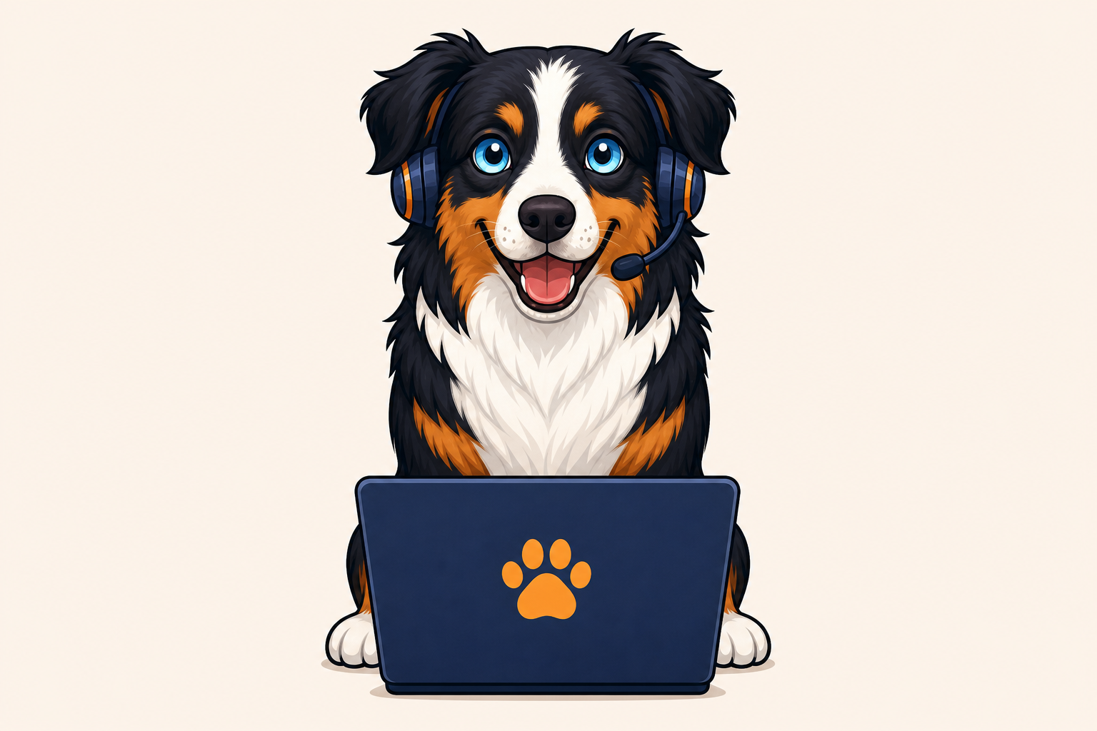 Cartoon mascot Odin, Australian shepherd with headset and laptop